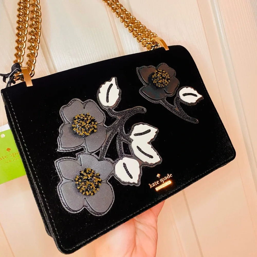 NEW! Kate Spade Cameron St Floral Embellish Marci Black Velvet Bag